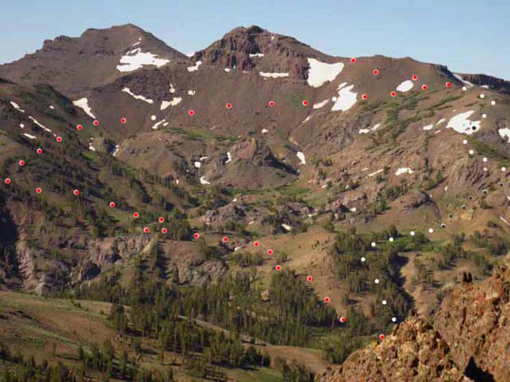 Routes up Leavitt Peak Massif from Sonora Pass.